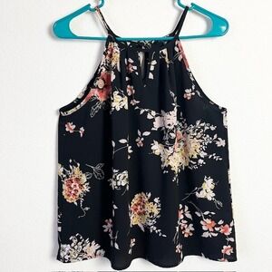 Paper Moon Women's Large Floral Halter‎ Top Black Sleeveless Blouse Grunge